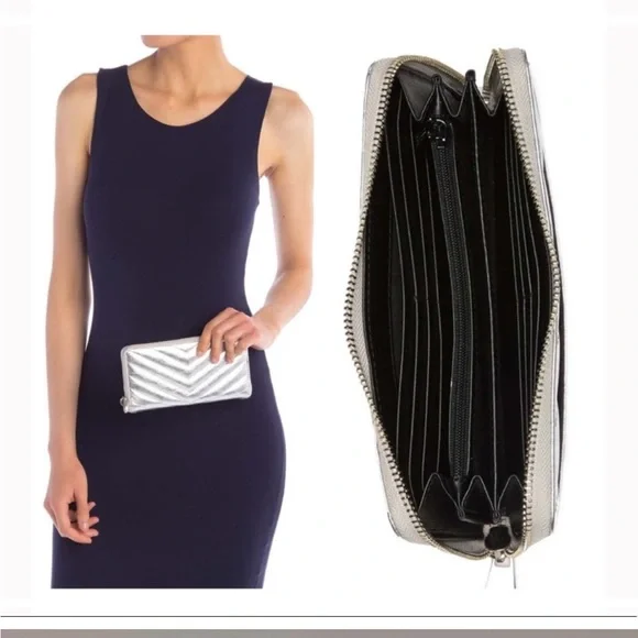 Rebecca Minkoff silver metallic zip crackled leather quilted puffer wallet - Picture 7 of 15